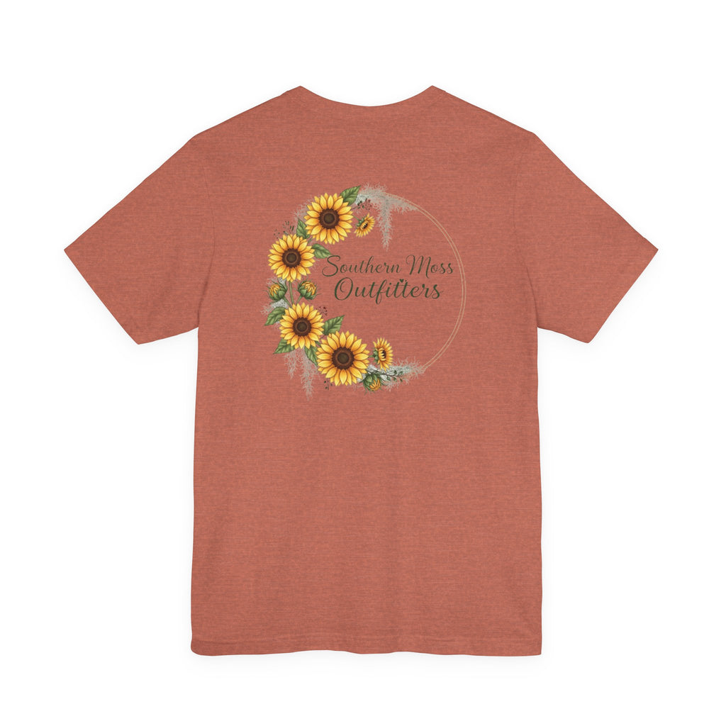 Southern Moss Outfitters Sunflower Graphic Tee Faith, Family & Outdoors Casual Everyday Wear, Gift Idea for Friends,Versatile Style