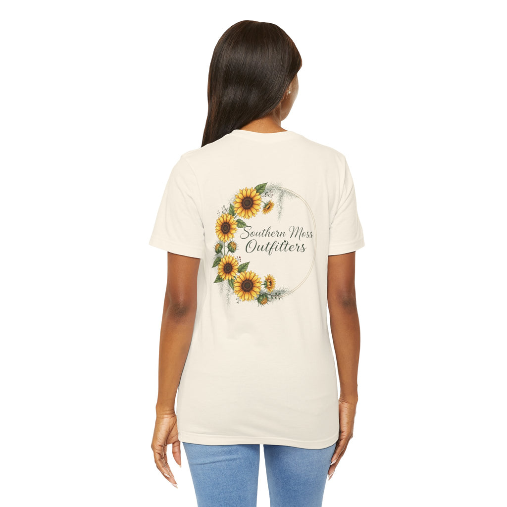 Southern Moss Outfitters Sunflower Graphic Tee Faith, Family & Outdoors Casual Everyday Wear, Gift Idea for Friends,Versatile Style