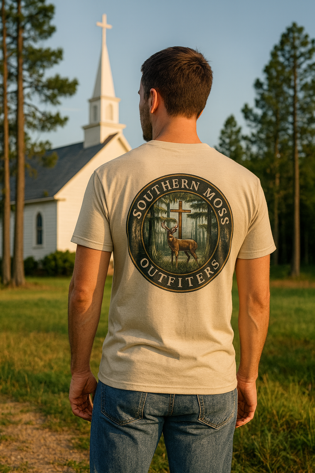 Southern Moss Outfitters Faith & Outdoors Tee Deer, Cross, Church Design, Casual Wear, Outdoor Apparel, Gift for Nature Lovers, Wildlife Tee