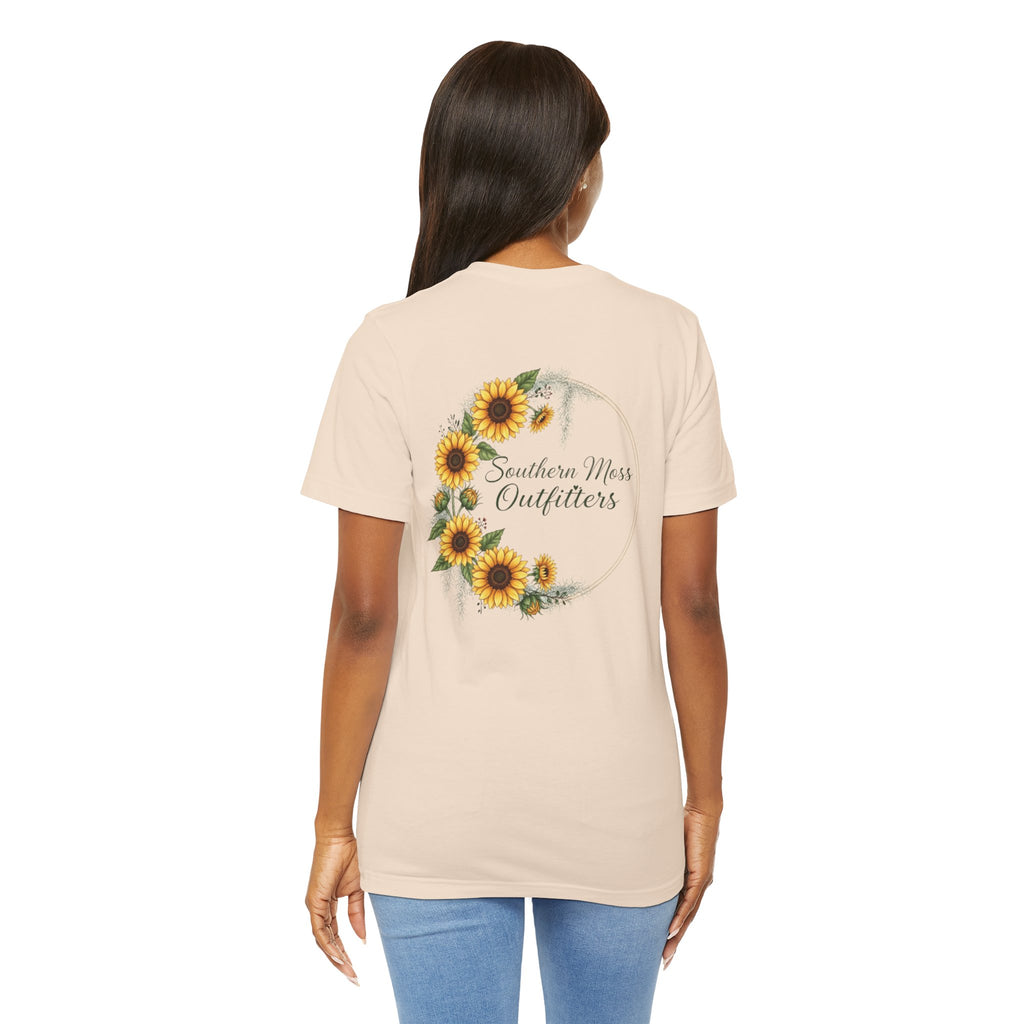 Southern Moss Outfitters Sunflower Graphic Tee Faith, Family & Outdoors Casual Everyday Wear, Gift Idea for Friends,Versatile Style